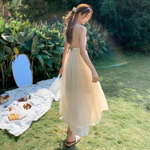 Women Backless Strap Dress Summer 2021 Elegant Casual Robe Apricot Party Sexy Dresses Ladies Beach Vacation Long Runway Vestidos