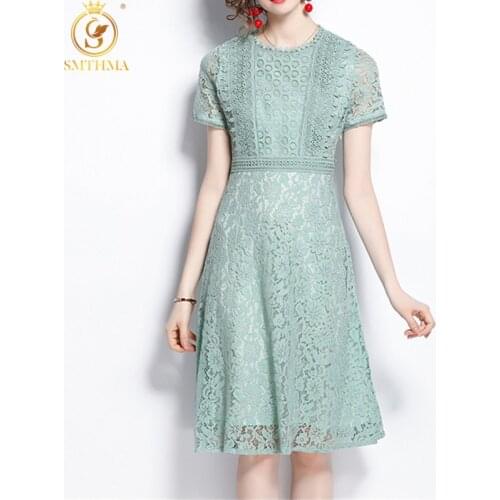 SMTHMA Summer Dress Women Vintage 2021 Elegant Lace Hollow Out Fashion Green Ladies Dresses Vestidos