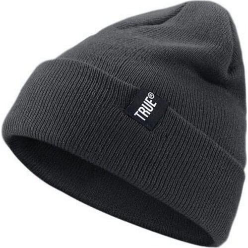 Men Women Winter Snow Ski Knitted Cotton Skull Cap Solid Color Stretchy Cuffed Beanie Hat Ear Warmer with Letters Logo Tag D08E