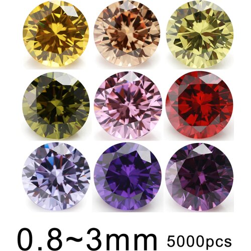 5000pcs 5A 0.8-3mm Round Shape Color Loose Cubic Zirconia CZ Stone Yellow ,Pink,Garnet Red,Black, Purple,Olive Yellow