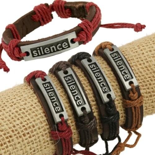 Fashion Vintage Unisex Genuine Leather Bracelet Letters Silence Charm Rope Wrap Bangle Wristbands Casual Retro Handmade Jewelry