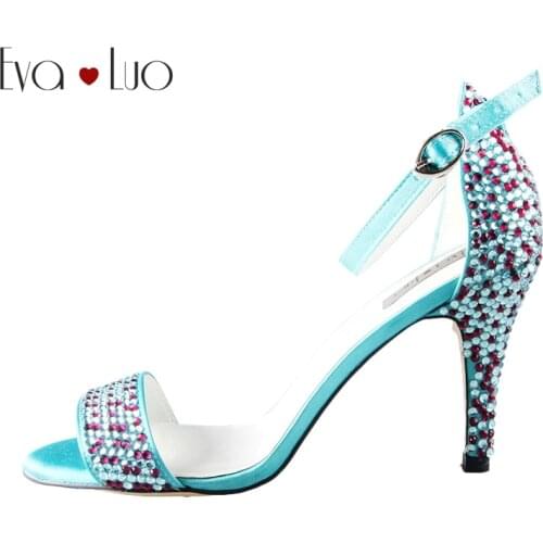 CHS573 Custom Made Turquoise Crystal Strappy High Heels Dress Sandals Bridal Wedding Shoes Big Size Women Shoes DHL