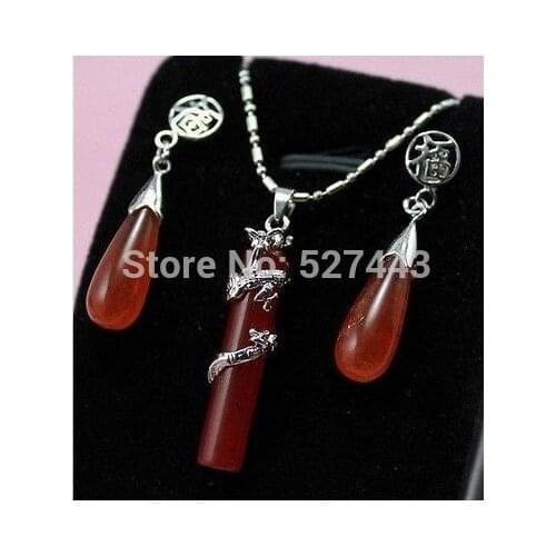 Elegant red Natural Jade Dragon Pendant necklace Earring set
