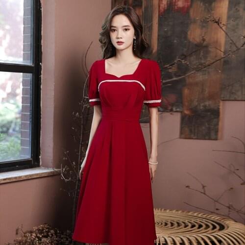 ETESANSFIN Summer Satin Wine Red Toast /Wedding/Engagement/Daily Life/ Women’s Dress-Elegant Square Collar (Both Regular-Plus