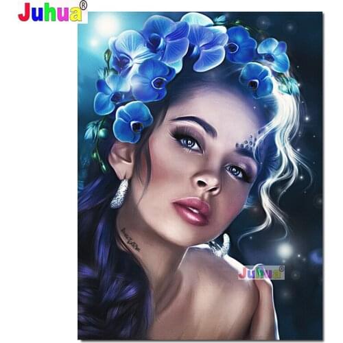 Full Square Round Diy Diamond Painting"Blue Orchid Girl" 3d Cross Stitch Portrait Embroidery Rhinestone Mosaic Home Decoration