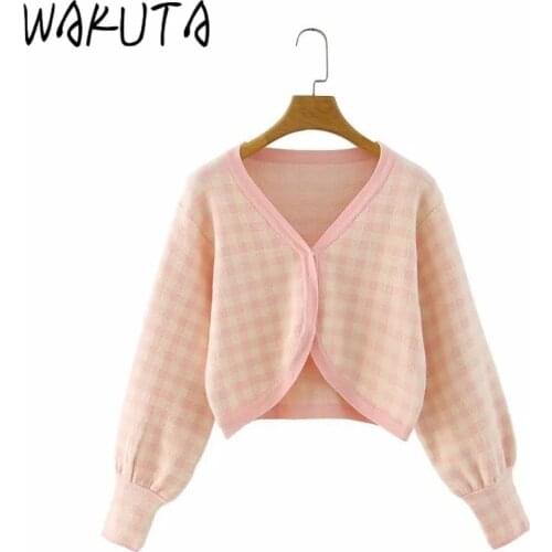 WAKUTA Women Plaid Short Cardigan Women Vintage Button Design Tops Female Autumn Winter High Street Fashion Knitted Sweater Coat