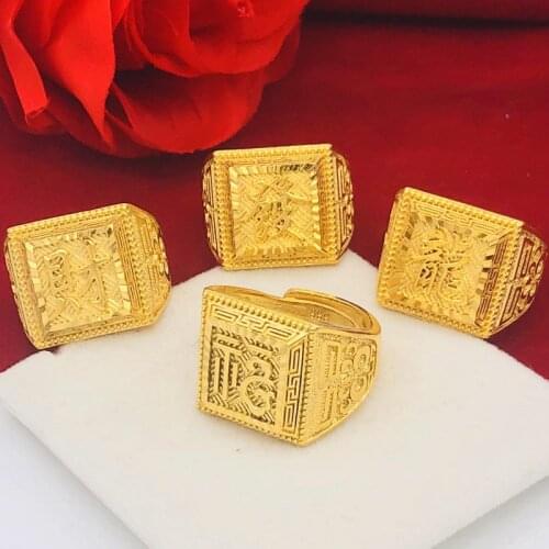 Gold-plated copper square mens ring Adjustable size Ring Wedding Engagement Ring With Fortune/ Luck/ Wealth Chinese Character