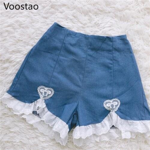 Japanese Girls Sweet Denim Shorts Kawaii Lolita Lace Ruffles Heart-shaped Appliques Short Pants Women Punk High Waist Shorts