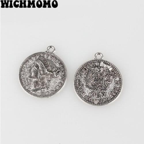 Fashion 10pieces 22MM Retro Verdigris Plated Zinc Alloy Round Coin Charms Pendants Connector for DIY Jewelry Accessories