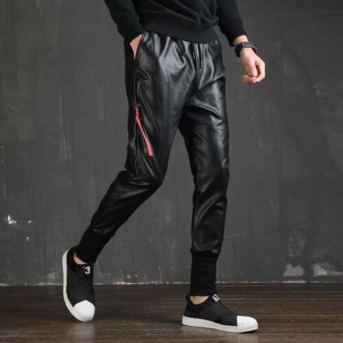 Spring Autumn Men Leather Hip Hop Pants Elastic Mid Waist Lightweight Casual PU Leather Trousers Thin Motor Pants Plus Size