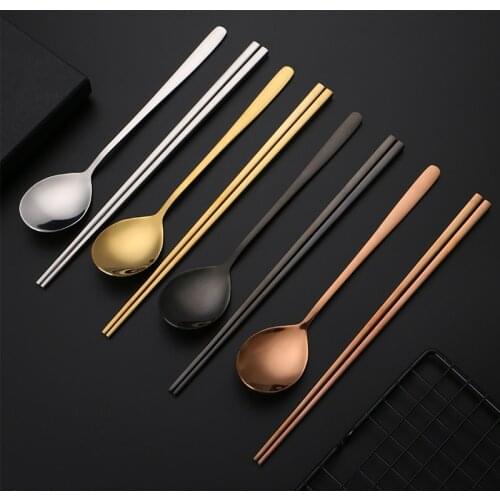 18/10 Korean Stainless Steel Food Chopsticks Spoon Set Long Handle Non-slip Chopsticks Dessert Spoons Dinnerware Set