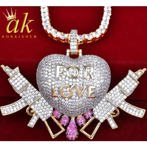 Heart With Gun Pendant For Women&Men Necklaces Double Color Chain 4mm&5mm Tennis Chain Hip Hop Rock Jewelry
