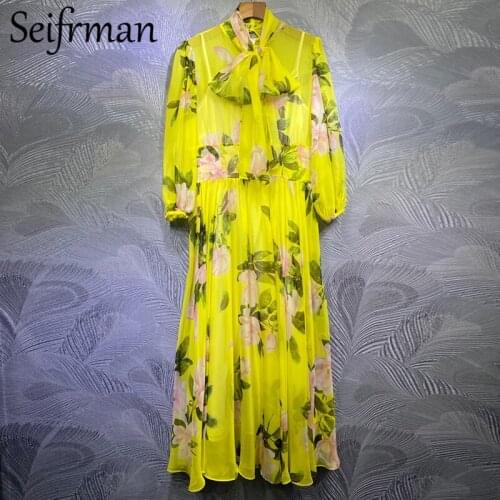 Seifrmann Summer Fashion Women Runway Party A-Line Dress Lantern Sleeve Bow Floral Print Elegant Bodycon Ladies Long Dresses