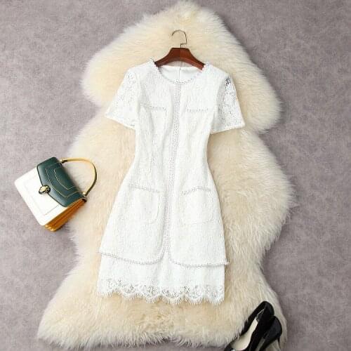 Europe and the United States womens clothing New Summer 2021 Short sleeved beaded lace round neck Fashion White Dress