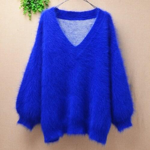 Female women winter thick warm hairy mink cashmere knitwear long lantern sleeves loose pullover angora sweater jumper pull tops