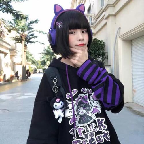 Harajuku Cartoon Cute Funny Print fake two-piece Womens sweatshirt cute striped loose hooded top Sweatshirt girl худи оверсайз