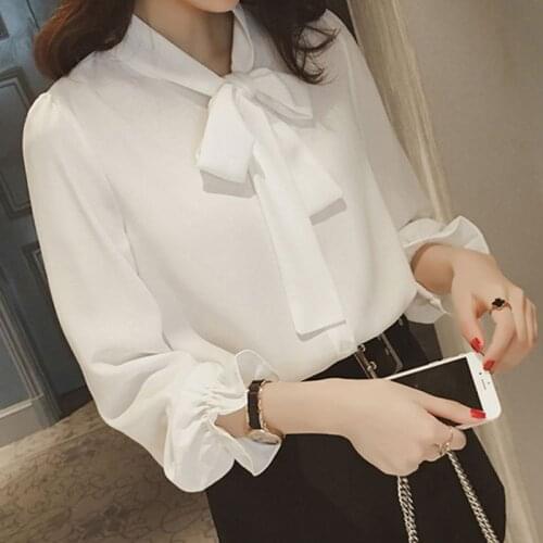 2019 Summer New Womens Shirt Korean Version Of The Wild Loose Bow Shirt With Chiffon Shirt Female Long Sleeves Shirt Women