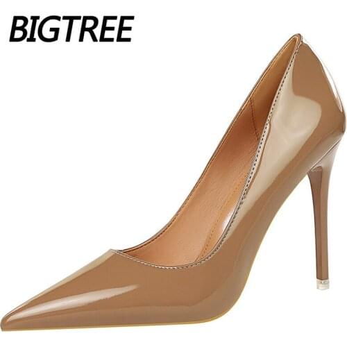 Bigtree Woman Pumps 10.5cm Patent LeatherHigh Heels Pointed Toe Sexy Heeled Shoes Black White Red Office Shoes Women Heels 2021