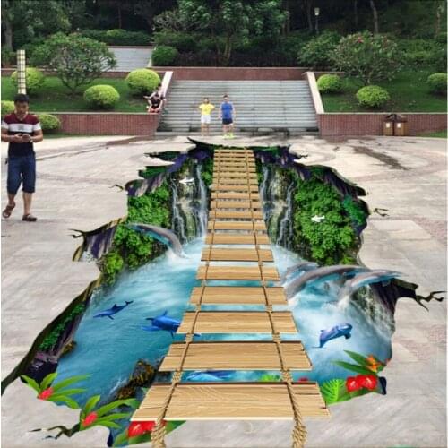 Beibehang Large Custom Wallpaper Cliffs Suspended Island Falls Dolphin Bridge Bathroom Walkway 3D Floor wall paper