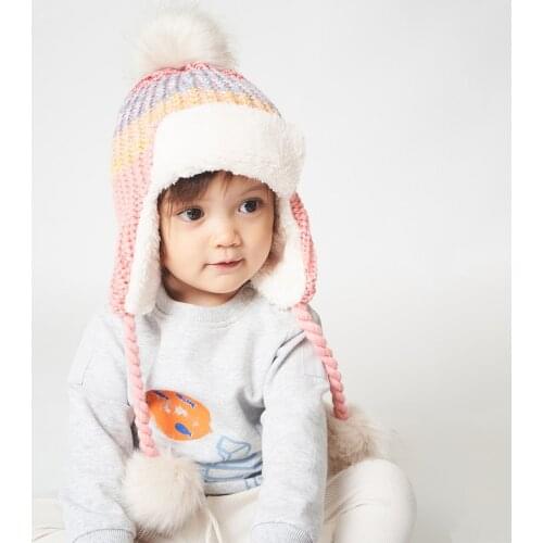 Baby Winter Pompom Hat Knit Kids Beanie for Boys and Girls with Fleece Lining Bomber Caps for Children