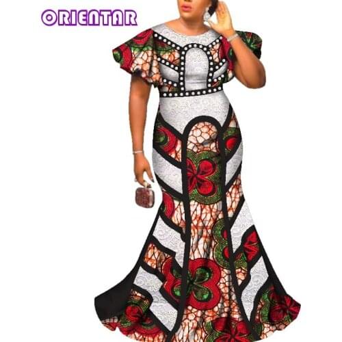 Elegant Lady African Print Maxi Dresses Women Bazin Riche Lace O-neck Dashiki African Traditional Dress Robe Africaine WY2586
