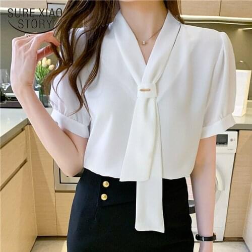 Fashion White Women Shirts 2021 Summer Chiffon Blouse Women V Neck Short Sleeve Female Clothing with Tie Blusas Mujer 15063
