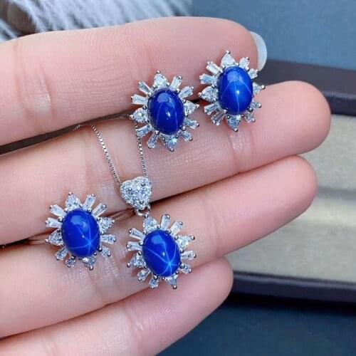 High Pure Sapphire Set Natural And Real Sapphire Jewelry Set 925 Sterling Silver 1pc Ring,1pc Pendant,2pcs Earring