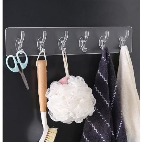 Bathroom Nail-free Wall Hook A Row Of Traceless Hooks Wall Hanger Sticker Transparent Plastic Glue Hooks Kitchen Six Rows Hooks