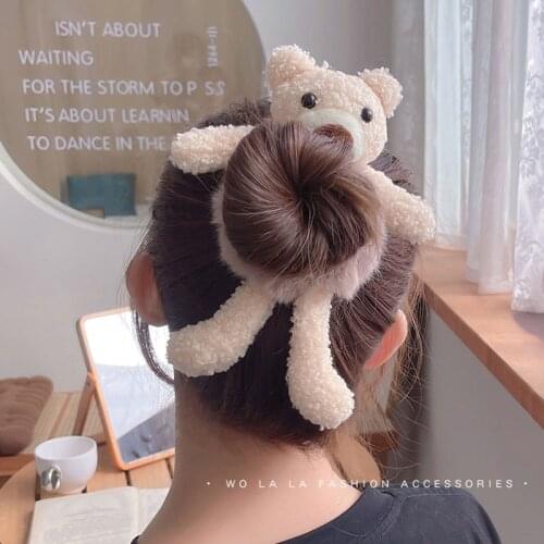 2021 Newest Cute Plush Bear Scrunchie Ponytail Hair Tie Women Girl Decorate Elastic Hair Bands Headband Fashion Hair Accessories