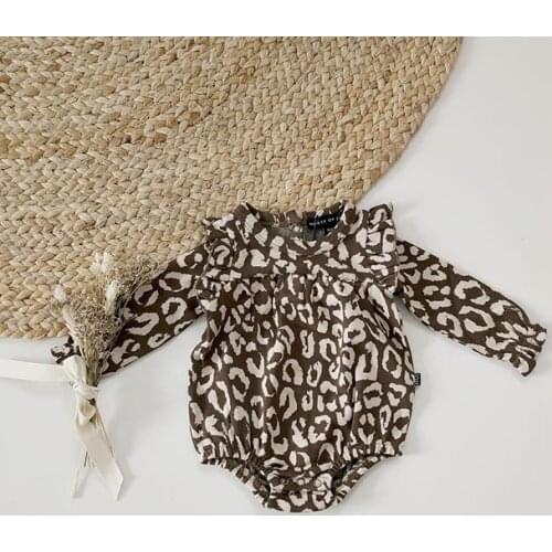 Baby Girl’s Casual Long Sleeve Jumpsuits Fashion Leopard Ruffles Stitching Triangle Romper