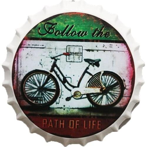 Retro Beer Bottle Caps Bicycle Motorcycle Signboard Shabby Chic Metal Poster Garage Wall Decoration 35cm