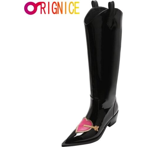 Orignice Pattern Leather Love Heart Western Knee High Boots Women Anti Water Pointed Toe Chunky Heel Slip On Party Prom Shoes