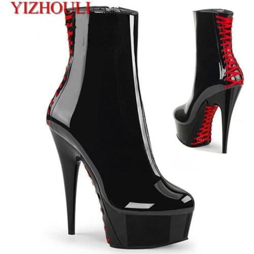 Sexy 6in heels, cross strap soles, 15cm ankle boots, model club catwalk, pole dancing shoes