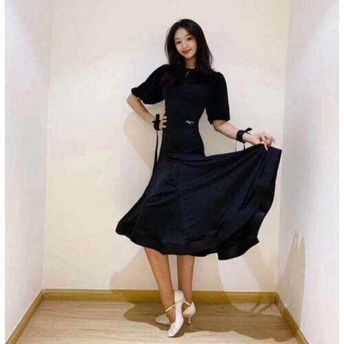Latin Modern Performance Clothing Black Short Sleeved Practice Dress Chacha Tango Latin Ballroom Dance Competition Dress DN9098