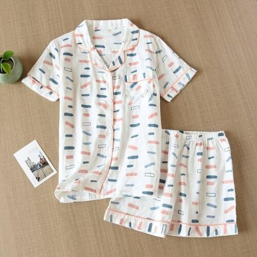Japanese Simple Sleepwear Homewear Pijamas Women 100% Cotton Short Sleeves Pyjamas Ladies Shorts Cute Cartoon Print Pajama Sets