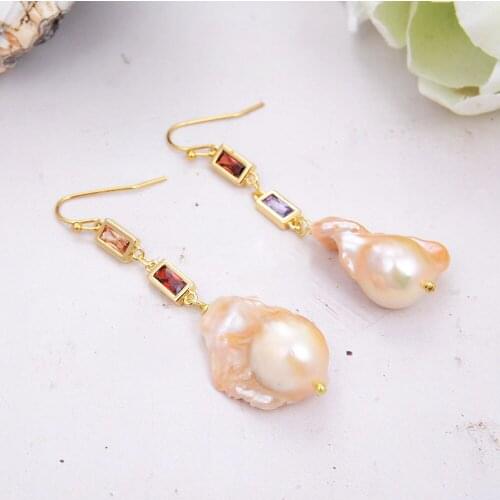 Jewelry Cultured Pink Keshi Pearl Cz pave Chain Dangle Hook Earrings