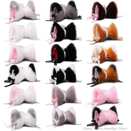 1 Pair Japanese Lolita Anime Hair Clips Cute Furry Cat Ears Hairpin with Bowknot Bell Cosplay Costume Snap Barrette M19 21