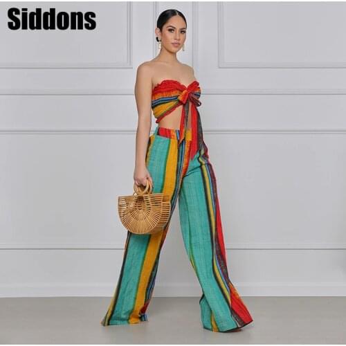 Women Strapless Striped Two Pieces Sets Women Strapless Striped Bowknot Design Top & Wide Leg Pants Summer Exotic Sexy 2PCS Set