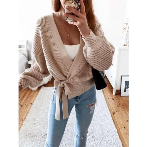 Spring Women Casual Lace-Up Cardigan Coat 2020 V-Neck Knit Sweater Solid Color Jumpers Autumn Winter Warm Female Top