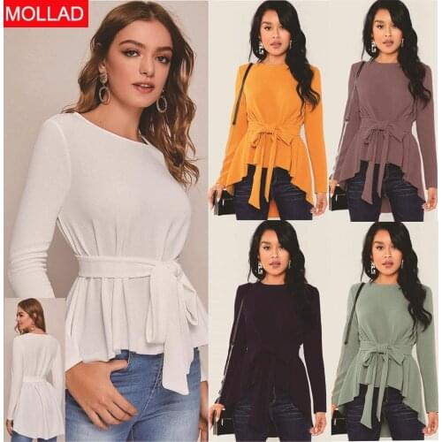 Large Size Womens Pullover Solid Color round Neck Long Sleeve Temperament Commute Lace-up 2021 Autumn Winter Shirt