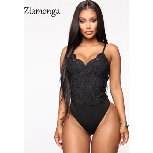 Ziamonga Black White Red Sexy Embroidery Lace Bodysuit Perspective Sleeveless One Piece Overalls Rompers Womens Jumpsuit