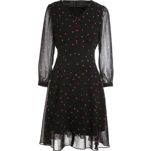 Gowani Vintage Retro Disty Floral Printed Chiffon V-neck Shirred Sheer Sleeve High Waist Dress Elegant Casual Dress for Women