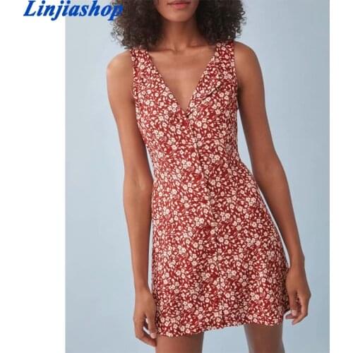 Summer Women V Neck Vintage Mini Dresses Floral Print Sleeveless Elegant Dress Ladies Buttons Up Chic Dress Vestidos