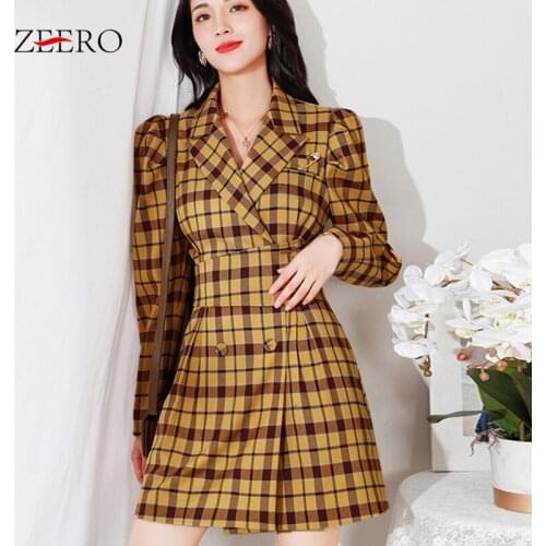 Autumn Winter Korean Version Vintage Plaid Blazer Dresses Woman Lapel Double-breasted Puff Sleeve Chic Belt Slim A-Line Dress