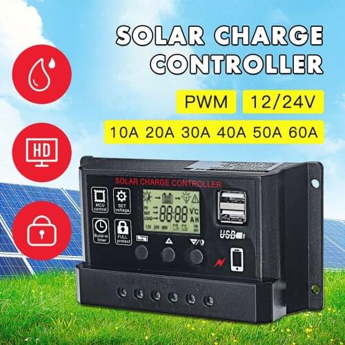 10/20/30/40/50/60A Solar Charge Controller Large LCD Display Adjustable Auto Solar Controllers Full 4-stage PWM Charge 12/24V