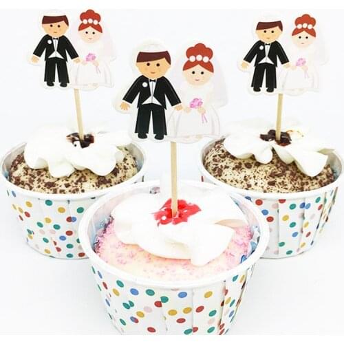 48Pcs Bride&Groom Cupcake wedding Topper Birthday Party Supplies Cake Accessories Wedding Cake Flag Cake Baking Party Decorative