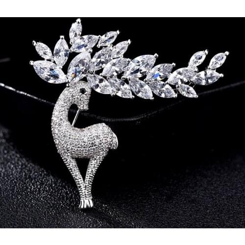 Free Shipping Shining Rhinestone CZ Deer Silver Color Copper Brooch