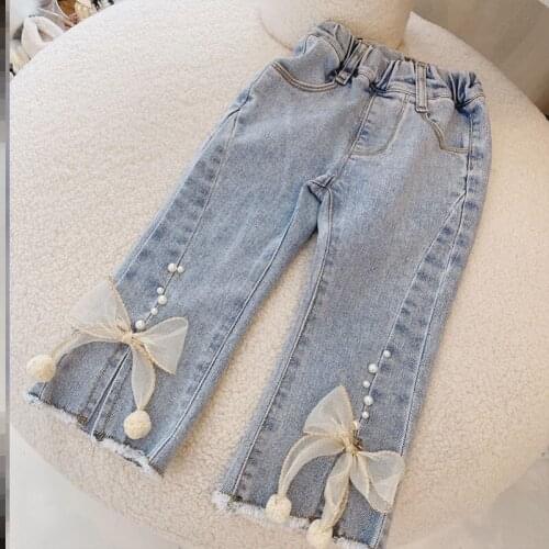 Fashion Girls Wide Leg Jeans Infant Bow Clothing for Toddler Denim Trousers 2021 New Spring & Autumn Kids Pearl Long Pants