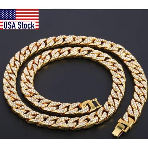 Hiphop 14mm Iced Out Paved Rhinestones Necklack Yellow Gold Filled Miami Curb Cuban Chain CZ Rapper For Men Jewelry GN432