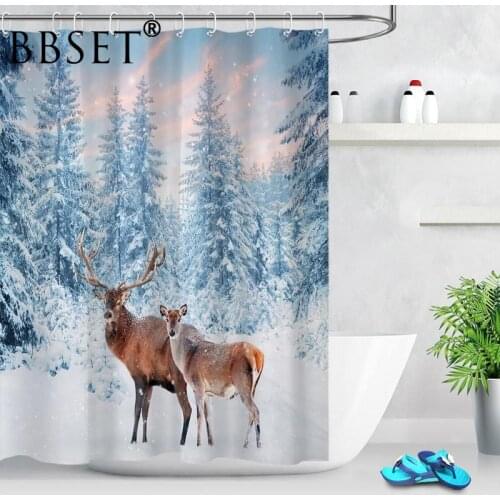 Beautiful Animals Shower Curtain Winter Woods Deer Pattern Waterproof Multi-size Douchegordijn Bathroom Decor with 12 Hooks